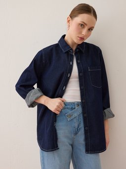 Dikiş Detaylı Basic Denim Lacivert Gömlek