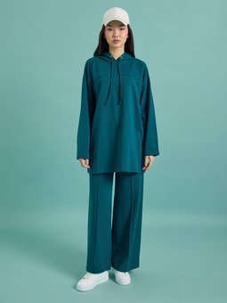 Dikiş Detaylı Kapüşonlu Koyu Zümrüt Yeşili Eşofman Takım