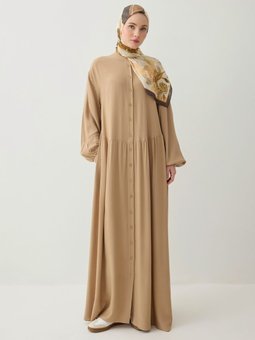 Keten Karışımlı Büzgülü Camel Elbise