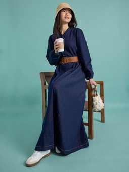 V Yakalı Denim Lacivert Elbise