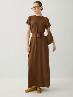 Viskon Kumaş Kısa Kollu Acı Kahve Elbise