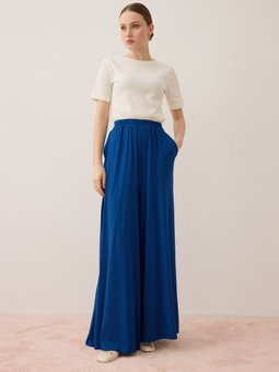 Viskon Kumaştan Beli Lastikli Lacivert Pantolon