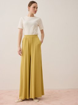 Viskon Kumaştan Beli Lastikli Yağ Yeşili Pantolon