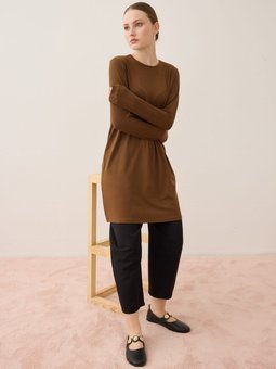 Viskon Kumaştan Bisiklet Yaka Acı Kahve Tunik