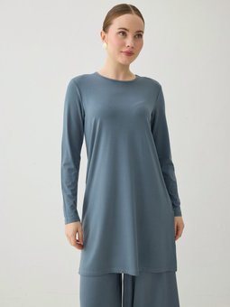 Viskon Kumaştan Bisiklet Yaka Antrasit Tunik 85 Cm