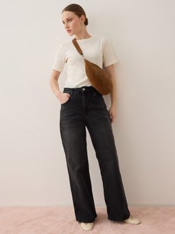 Yüksek Belli Bol Kesim Denim Koyu Antrasit Pantolon