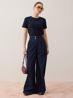 Yüksek Belli Bol Kesim Denim Lacivert Pantolon