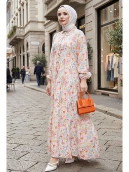 Elera Desenli Yarasa Kol Pembe Elbise