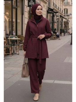 Gizli Fermuarlı Kuşaklı İkili Bordo Takım