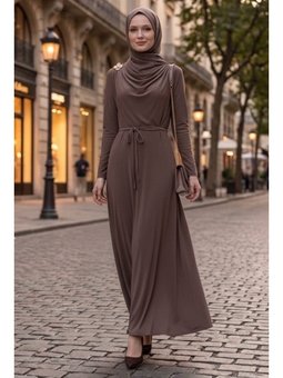 Şal Bağlamalı Açık Kahve Elbise