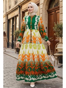 Seyer Yarım Düğmeli Dokuma Viskon Turuncu Elbise