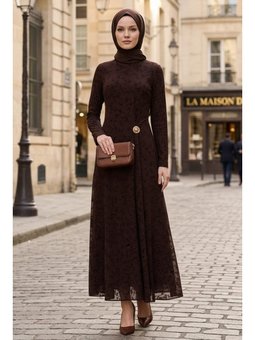 Toka Detay Astarlı Kahve Elbise