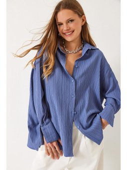 Düşük Omuz Oversize Basic Bürümcük İndigo Gömlek