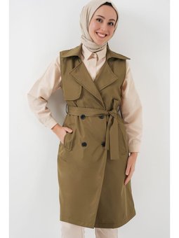 Kruvaze Yaka Haki Trençkot Yelek