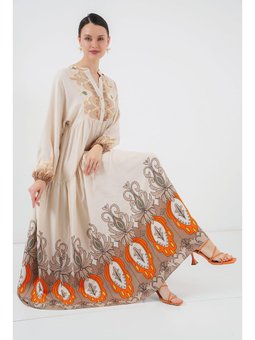Otantik Desenli T. Ekru Elbise