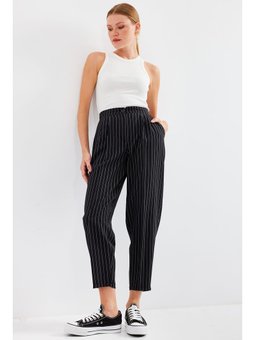 Yüksek Bel Çizgili Kumaş Siyah Pantolon