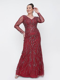Bordo Ön Arka V Yaka Kolları Tüllü Astarlı Taşlı Uzun Büyük Beden Abiye Elbise