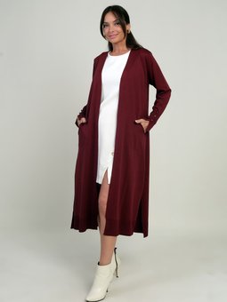 Kolları Düğme Detaylı Cepli Yanları Yırtmaçlı Uzun Bordo Hırka