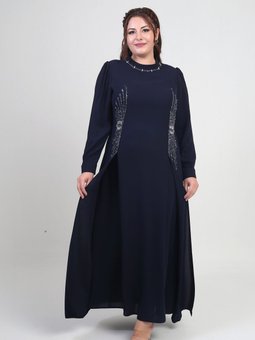 Lacivert Taş Boncuk Baskılı Büyük Beden Abiye Elbise
