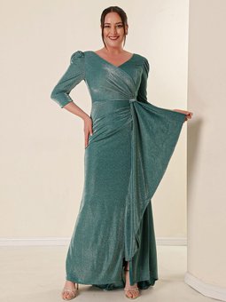 Önü Volanllı Astarlı Simli Büyük Beden Mint Yeşili Abiye Elbise