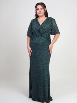 Zümrüt Yeşili V Yaka Astarlı Önü Düğüm Detaylı Boru Boncuk İşlemeli Büyük Beden Abiye Elbise