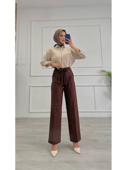 Dabıl Kemeri İp Detaylı Palazzo Kahverengi Pantolon