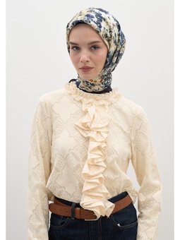 Cherry Blossom Desen Pamuklu Viskon Lacivert Eşarp