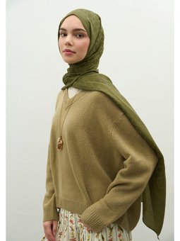 Monogram Pamuk Floş Jakarlı Şal Zeytin Yeşil Şali