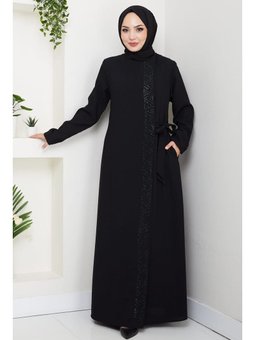 Gizli Fermuarlı Yandan Bağlamalı Boncuklu Siyah Ferace