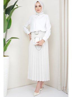 Kemerli Piliseli Beyaz Etek