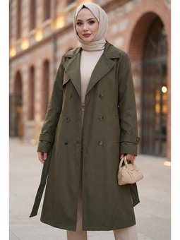 Kuşaklı Düğmeli Haki Trençkot