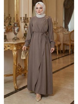 Toka Detaylı Bağlamalı Vizon Elbise