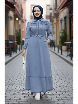 Cep Detaylı Fermuarlı Mavi Kot Elbise