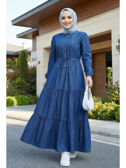 Dantel Detaylı Düğmeli Ve Bağcıklı Koyu Kot Mavi Elbise