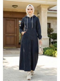 Kapüşonlu, Cepli Ve Fermuarlı Denim Siyah Kot Kap