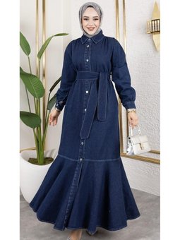 Kuşaklı Düğmeli Kot Elbise