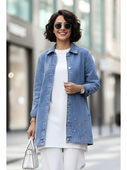 Taş Detaylı Düğmeli Cepli Kot Mavi Ceket