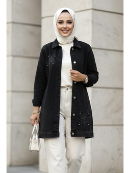 Taş İşlemeli Düğmeli Siyah Kot Ceket