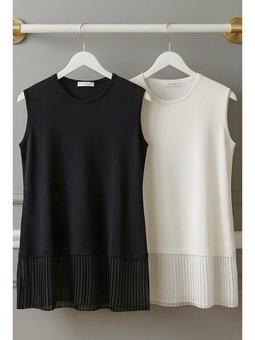 2'li Paket Siyah Beyaz Sıfır Kol Pilise Penye İçlik Tunik