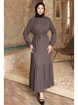 Antrasit Kol Lastikli Düğmeli Bel Bağlamalı Gofre Elbise