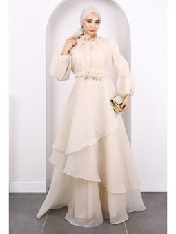 Bej Balon Kol Katlı Abiye Elbise