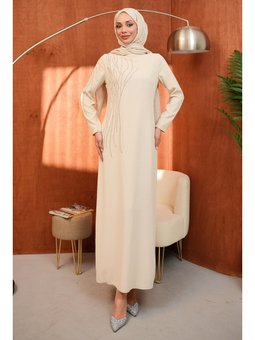 Bej Bisiklet Yaka Taş İşlemeli Abiye Elbise