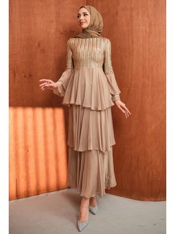 Bej Eteği Katlı Payetli Abiye Elbise