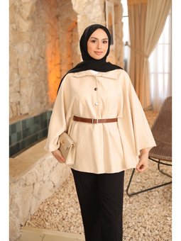 Bej Kemerli Düğmeli Dabıl Panço