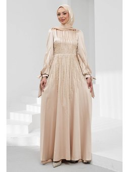 Bej Kol Bağlamalı Taşlı Saten Abiye Elbise