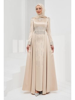 Bej Önü Taşlı Saten Abiye Elbise