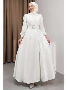 Beyaz Balon Kol Drapeli Abiye Elbise