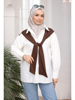 Beyaz Kahverengi Atkı Detaylı Oversize Garnili Gömlek