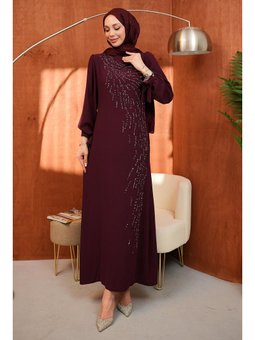 Bordo Bisiklet Yaka Taş İşlemeli Abiye Elbise