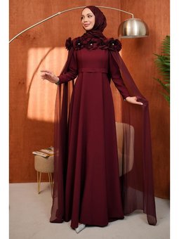 Bordo Yaka Çiçekli Pelerinli Abiye Elbise